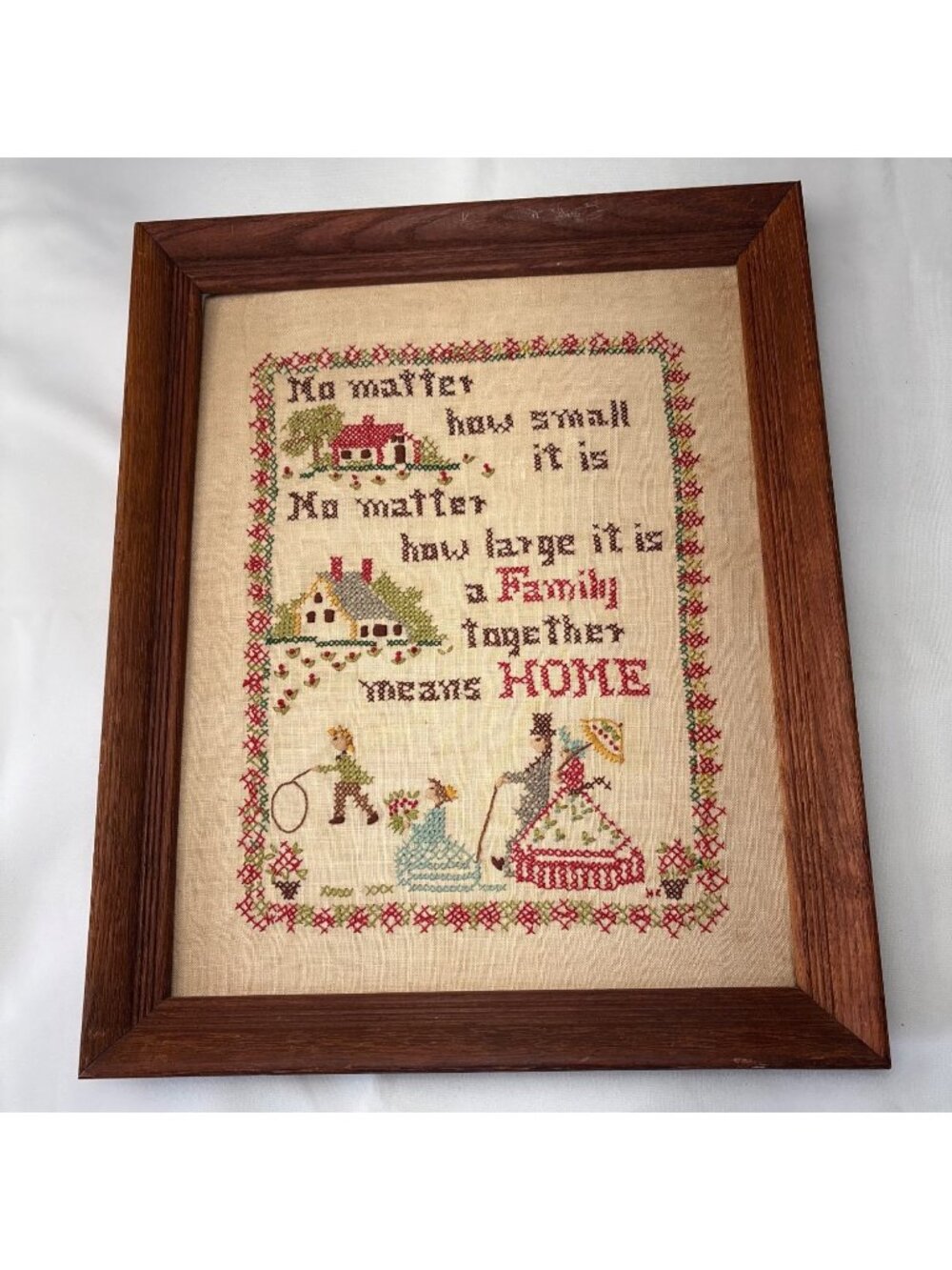 Vintage Framed Cross Stitch Sampler 1960s Family Home 16x13" Rustic Decor